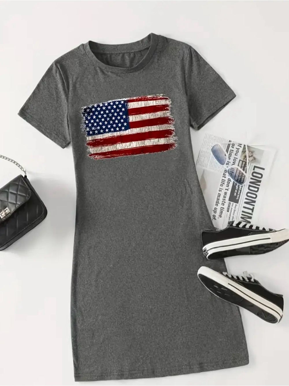 NWOT Gray Tee Dress with Flag Print, Size XL